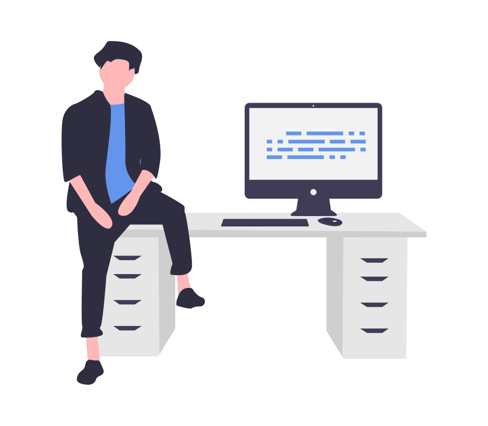 illustration of developer sitting in front of his computer, feeling proud of the project he finished