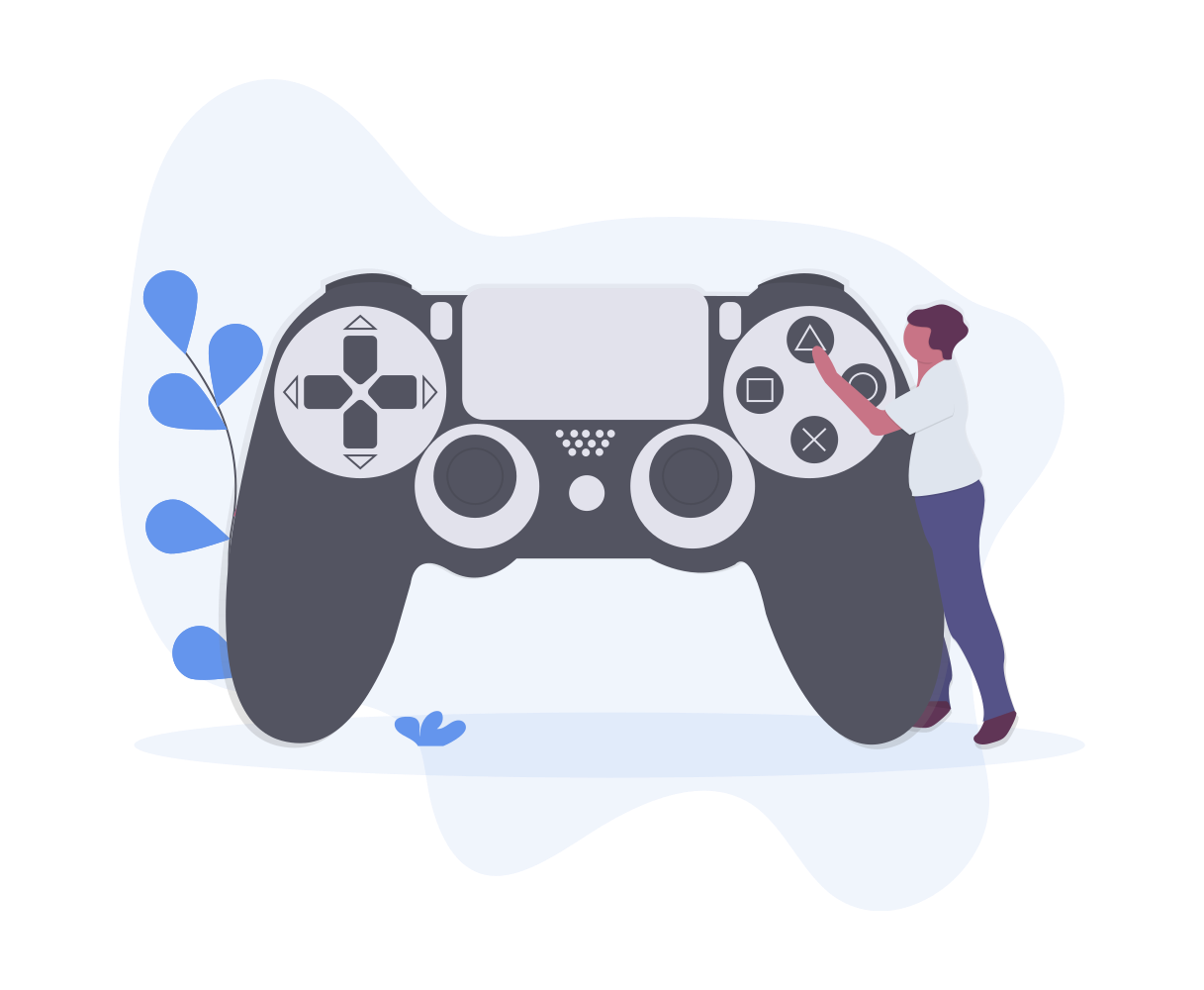 Illustration of an oversized videogame controller with a small person pressing buttons. 